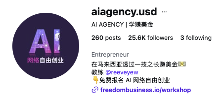 Instagram profile for AI AGENCY · 学赚美金